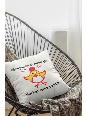 Qoeuyl Boutique Günaydın Yok Herkes Işine Baksın Baskılı Eğlenceli Hediyelik Elyaf Dolgulu Saten Dekoratif Yastık