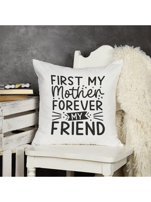 Qoeuyl Boutique My Mother Forever My Friend Baskılı Anneler Günü Hediyelik Elyaf Dolgulu Saten Dekoratif Yastık