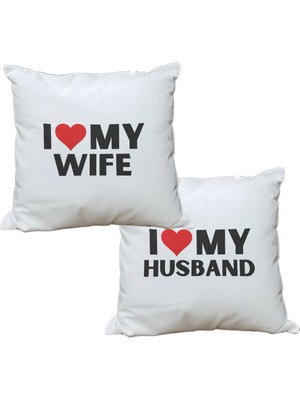 Qoeuyl Boutique I Love My Husband Wife Ikili Baskılı Eş Sevgili Romantik Hediyelik Elyaf Saten Dekoratif Yastık