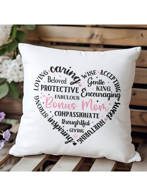 Qoeuyl Boutique Mom Kalp Şekilli Yazılı Baskılı Anneler Günü Hediyelik Elyaf Dolgulu Saten Dekoratif Yastık