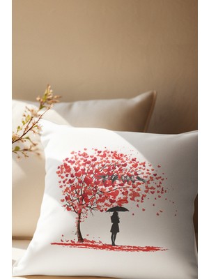 Qoeuyl Boutique Kalp Yapraklı Hayat Ağacı ve Kuş Baskılı Romantik Hediyelik Elyaf Dolgulu Saten Dekoratif Yastık