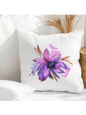 Qoeuyl Boutique Mor Çiçek Baskılı  Hediyelik Elyaf Saten Dekoratif Yastık