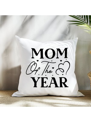 Qoeuyl Boutique Mom Of The Year Baskılı Anneler Günü Hediyelik Elyaf Dolgulu Saten Dekoratif Yastık