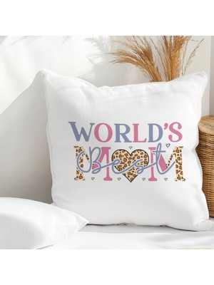 Qoeuyl Boutique World's Best Mom Baskılı Anneler Günü Hediyelik Elyaf Dolgulu Saten Dekoratif Yastık