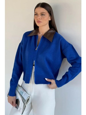 Gülseli Kadın Polo Yaka Deri Garnili Fermuarlı Triko Hırka (S-M-L Beden Uyumludur.) P-00018055