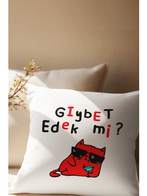 Qoeuyl Boutique Gıybet Edek Mi-Kedi Baskılı Eğlenceli Hediyelik Saten Dekoratif Yastık