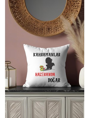 Qoeuyl Boutique Kahramanlar Bu Ayda Doğar Baskılı Eş, Sevgili, Arkadaş Baba Hediyelik Saten Mini Dekoratif Yastık