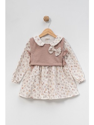 Magu Kız Çocuk Pamuklu Çiçek Desenli Elbise – Triko Yelek Detaylı, Yakalı, Fiyonk Aplikeli