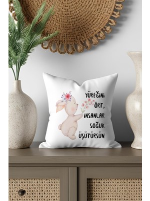 Qoeuyl Boutique Insanlar Soğuk Üşütürsün-Sevimli Tavşan Baskılı Doğum Günü Hediyelik Saten Mini Dekoratif Yastık