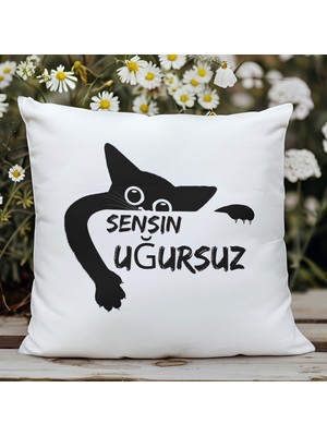 Qoeuyl Boutique Sensin Uğursuz Baskılı Komik Hediyelik Elyaf Saten Dekoratif Yastık