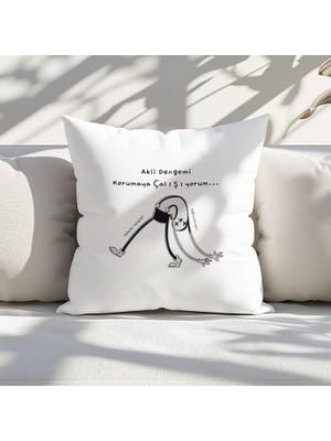 Qoeuyl Boutique Akli Dengemi Korumaya Çalışıyorum Baskılı Komik Hediyelik Elyaf Saten Dekoratif Yastık