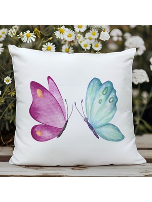 Qoeuyl Boutique Aşık Kelebekler Baskılı  Hediyelik Elyaf Saten Dekoratif Yastık