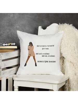 Qoeuyl Boutique Herkes Işine Baksın Baskılı Motivasyon Hediyelik Elyaf Dolgulu Saten Dekoratif Yastık
