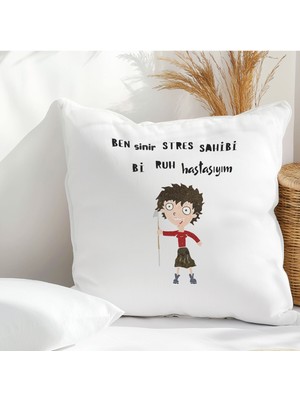 Qoeuyl Boutique Sinir Stres Sahibi Ruh Hasasıyım Baskılı Komik Hediyelik Elyaf Saten Dekoratif Yastık