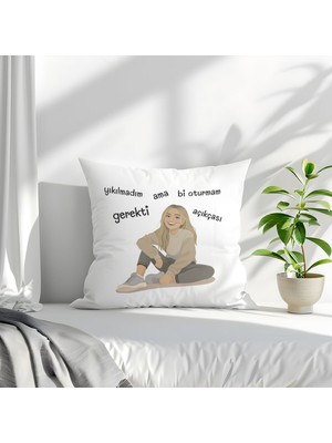 Qoeuyl Boutique Yıkılmadım Ama Bi Oturmam Gerekti Baskılı Komik Hediyelik Elyaf Saten Dekoratif Yastık