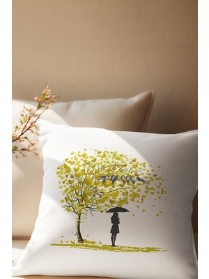 Qoeuyl Boutique Kalp Yapraklı Hayat Ağacı ve Kuş Baskılı Romantik Hediyelik Elyaf Dolgulu Saten Dekoratif Yastık
