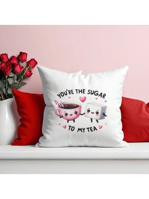 Qoeuyl Boutique You Are The Sugar To My Tea Baskılı Eş Sevgili Romantik Hediyelik Elyaf Saten Dekoratif Yastık