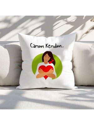 Qoeuyl Boutique Canım Kendim Baskılı Motivasyon Hediyelik Elyaf Saten Dekoratif Yastık