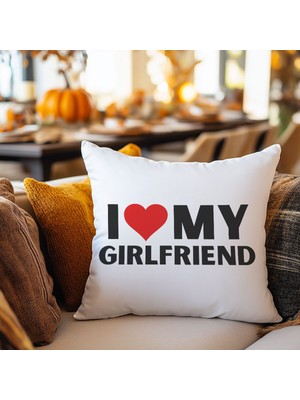 Qoeuyl Boutique I Love My Girlfriend Baskılı Eş Sevgili Romantik Hediyelik Elyaf Saten Dekoratif Yastık