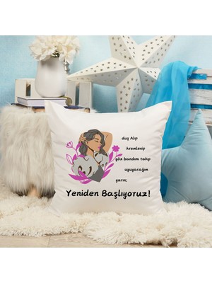 Qoeuyl Boutique Yarın Yeniden Başlıyoruz Baskılı Motivasyon Hediyelik Elyaf Saten Dekoratif Yastık