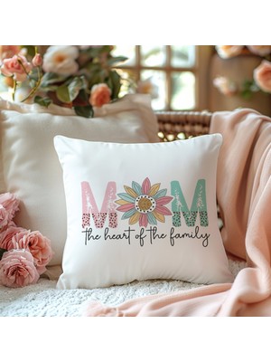Qoeuyl Boutique Mom Heart Of The Family Baskılı Anneler Günü Hediyelik Elyaf Dolgulu Saten Dekoratif Yastık