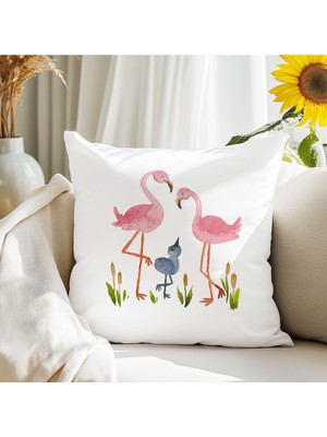 Qoeuyl Boutique Flamingo Bahçesi Baskılı  Hediyelik Elyaf Saten Dekoratif Yastık