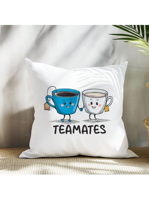 Qoeuyl Boutique Tea Mates Baskılı  Hediyelik Elyaf Saten Dekoratif Yastık