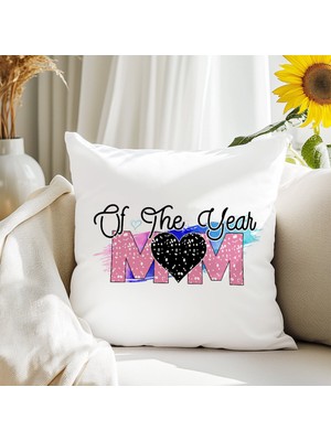 Qoeuyl Boutique Mom Of The Year No:2 Baskılı Anneler Günü Hediyelik Elyaf Dolgulu Saten Dekoratif Yastık