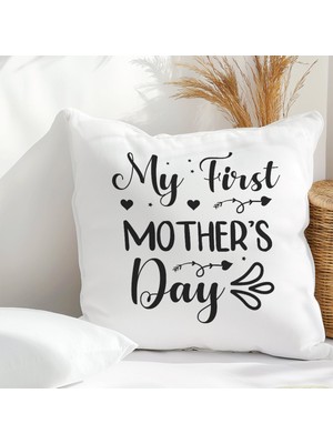 Qoeuyl Boutique My First Mother's Day Baskılı Anneler Günü Hediyelik Elyaf Dolgulu Saten Dekoratif Yastık