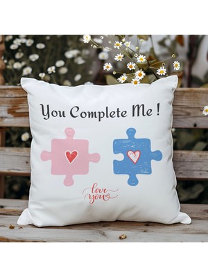 Qoeuyl Boutique You Complete Me Yapboz Eş Sevgili Baskılı Elyaf Dolgulu Hediyelik Yastık