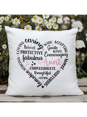 Qoeuyl Boutique Aunt Heart Shape Baskılı Hala Teyze Hediyelik Elyaf Dolgulu Saten Dekoratif Yastık