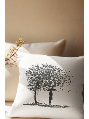 Qoeuyl Boutique Kalp Yapraklı Hayat Ağacı ve Kuş Baskılı Romantik Hediyelik Elyaf Dolgulu Saten Dekoratif Yastık