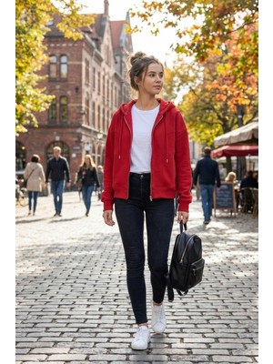 Le'sluette Kadın Oversize %100 Pamuk Önü Kesikli Metal Fermuarlı Kapüşonlu Sweatshirt Kırmızı