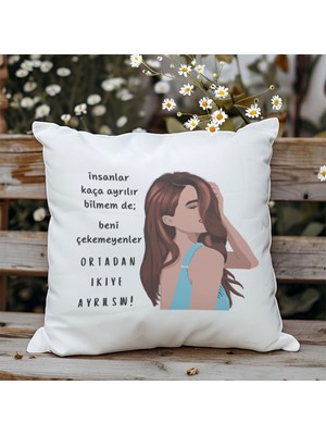 Qoeuyl Boutique Beni Çekemeyenler Ortadan Ikıye Ayrılsın Baskılı Hediyelik Elyaf Dolgulu Saten Dekoratif Yastık