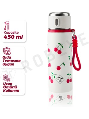 Robeve Rbt-04 450 ml Vişneli Tasarım Termos | SUS316/304 Paslanmaz Çelik, Sıcak & Soğuk Tutma, Askılı Taşıma, Gıda Temasına Uygun Mama Termosu