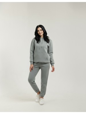Veleno Gri Kadın 3 Iplik Içi Pamuklu Kanguru Eşofman Takımı Kışlık Yumuşacık Dokulu Polarlı Yünlü