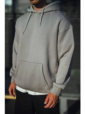 Üç Iplik Penye Kapşonlu Basic Sweatshirt - Boyalı Gri