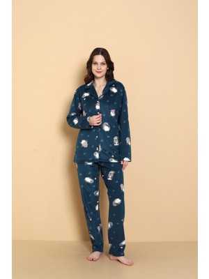 Seboteks Önden Düğmeli Desenli Kışlık Polar Kadın Pijama Takımı 1620