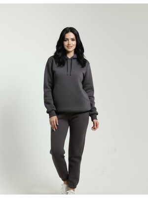 Veleno Füme Kadın 3 Iplik Içi Pamuklu Yandan Cepli Eşofman Takımı Kışlık Yumuşacık Dokulu Polarlı Yünlü