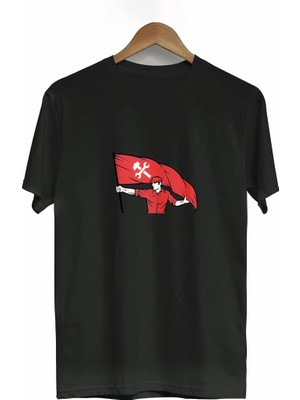 1 Mayıs Emekçilerimiz Için Özel Tasarım Bayraklı Emekçi Baskılı T-Shirt - Siyah