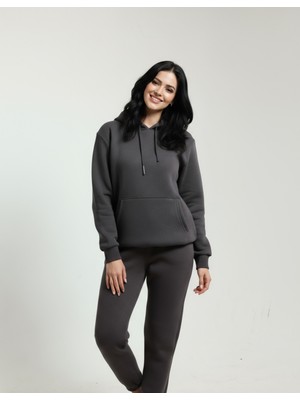 Veleno Füme Kadın 3 Iplik Içi Pamuklu Kanguru Eşofman Takımı Kışlık Yumuşacık Dokulu Polarlı Yünlü