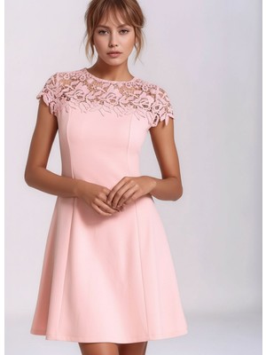 Mamayaga Kadın Güpür Çiçekli Yaka Çan Etekli Abiye Mezuniyet Şık Mini Elbise