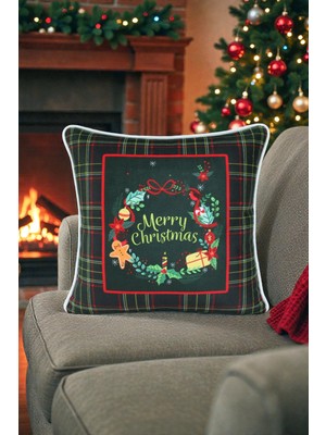 Visionario Kırlent Kılıfı Yılbaşı Temalı Merry Christmas 45X45 Raşel Örme Kadife Dijital Baskı Beyaz Biyeli