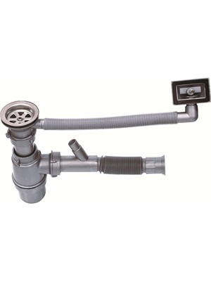 Akkon Lüks Evye Taslı Körüklü Çift Çıkışlı Yandan Taşmalı Lavabo ve Evye Sifonu Gider Borusu Akordiyon Plastik Dar Kafa Paslanmaz