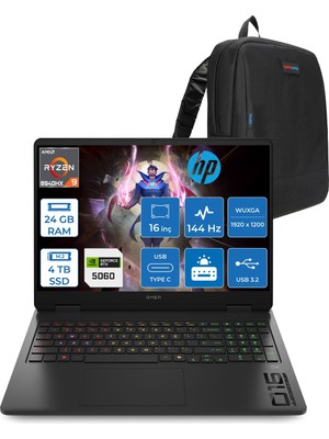 Hp Omen Amd Ryzen 9 8940HX 24GB 4tb SSD 8GB/RTX5060/130W 16" Wuxga 144Hz 300NITS %62,5 Srgb Windows 11 Pro Gaming Bilgisayar C39JFEAP08 + Zettaçanta