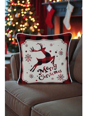 Visionario Kırlent Kılıfı Yılbaşı Temalı Merry Christmas 45X45 Raşel Örme Kadife Dijital Baskı Beyaz Biyeli