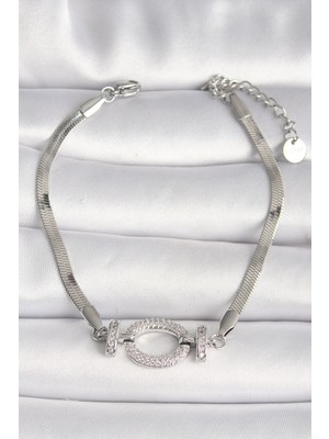 SP 316L Çelik Gümüş Renk Italyan Zincir Model Zirkon Taşlı Halka Figür Kadın Bileklik - Lisinya