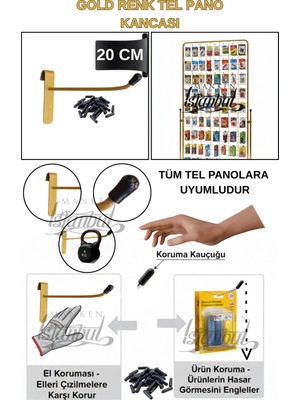Manken İstanbul 40 Adet 20 cm Delüx Koruma Kauçuklu Gold Tel Pano Kancası - Ekstra Güçlü - Raf Askısı - Raf Kancası