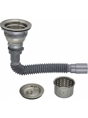 Akkon Premium Paslanmaz Çelik Sepetli Sifon Mutfak Süzgeç Seti | Çift Kauçuk Conta, Kolay Montaj, Derin Sepet Tasarımı | Çöpmak Lavabo Sifonu