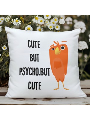 Qoeuyl Boutique Cute But Psycho But Cute Baskılı Komik Hediyelik Elyaf Saten Dekoratif Yastık